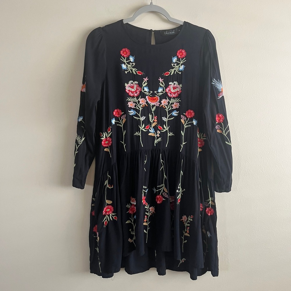 Chicwish Black Embroidered Floral Smock Dress Long Sleeve Babydoll Mini Size S